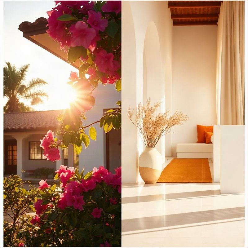 Split composition of a Malindi garden villa and a bright interior