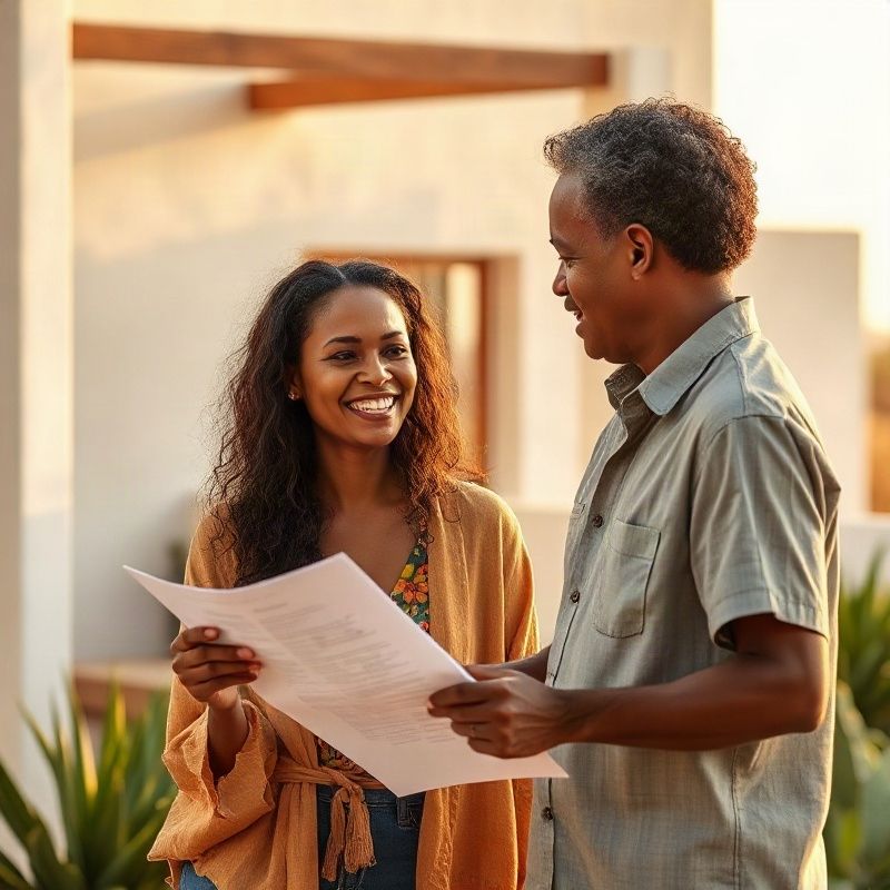 A couple reviewing property documents on a Malindi terrace