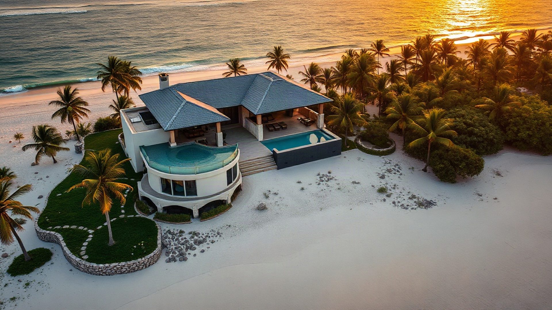 Aerial view of a Malindi beachfront villa at golden hour
